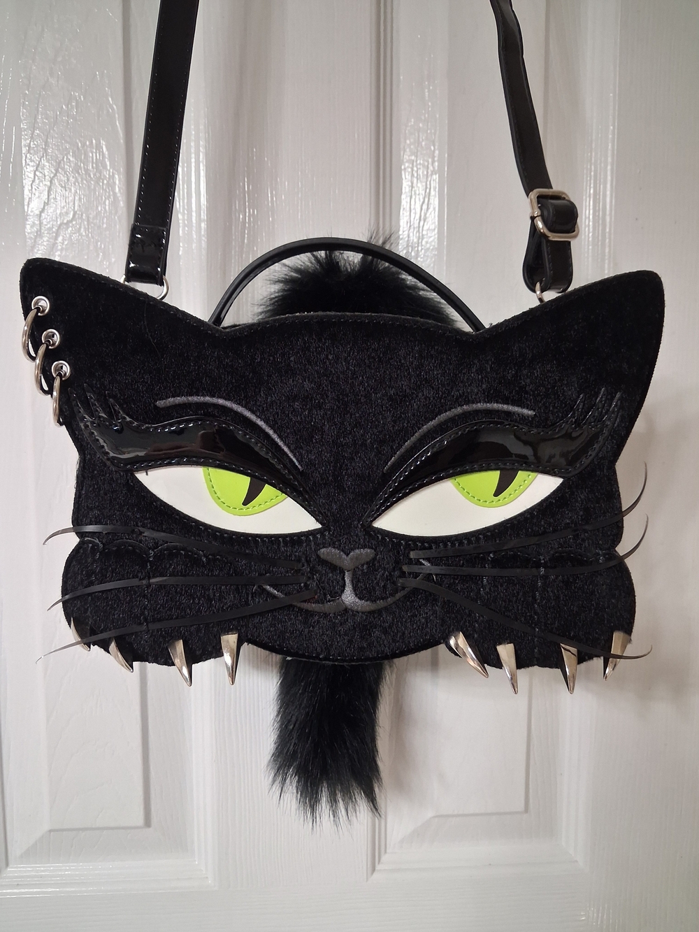 Current Mood/Dolls Kill Black Cat-Shaped Crossbody Bag with Neon Green Eyes